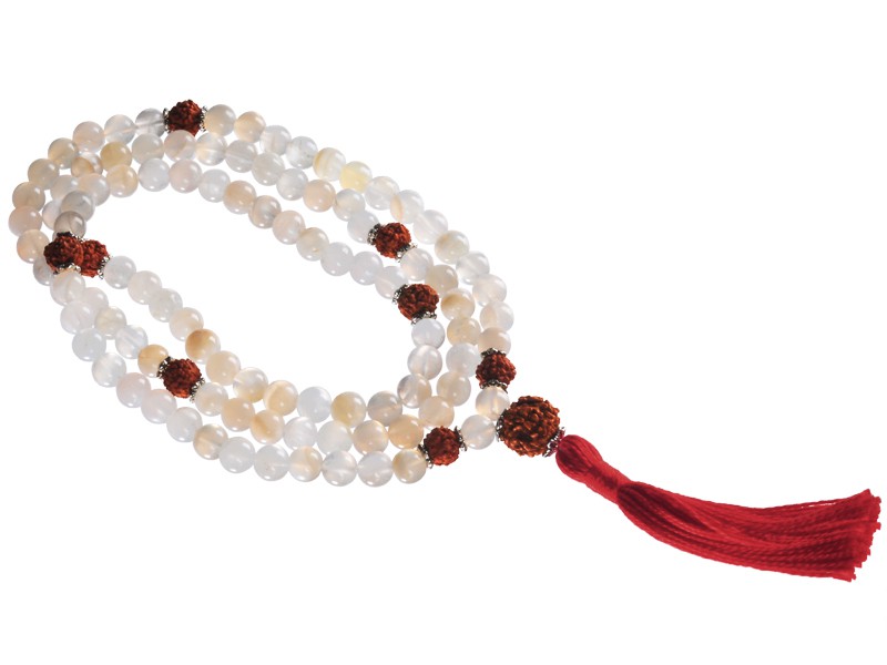 Item Mala 108 perles 8mm Pierre de Lune et Rudraksha